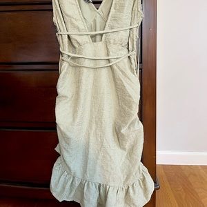 Pretty little thing. Sage Green Crinkle plunge tie waist Frill Hem bodycon dress